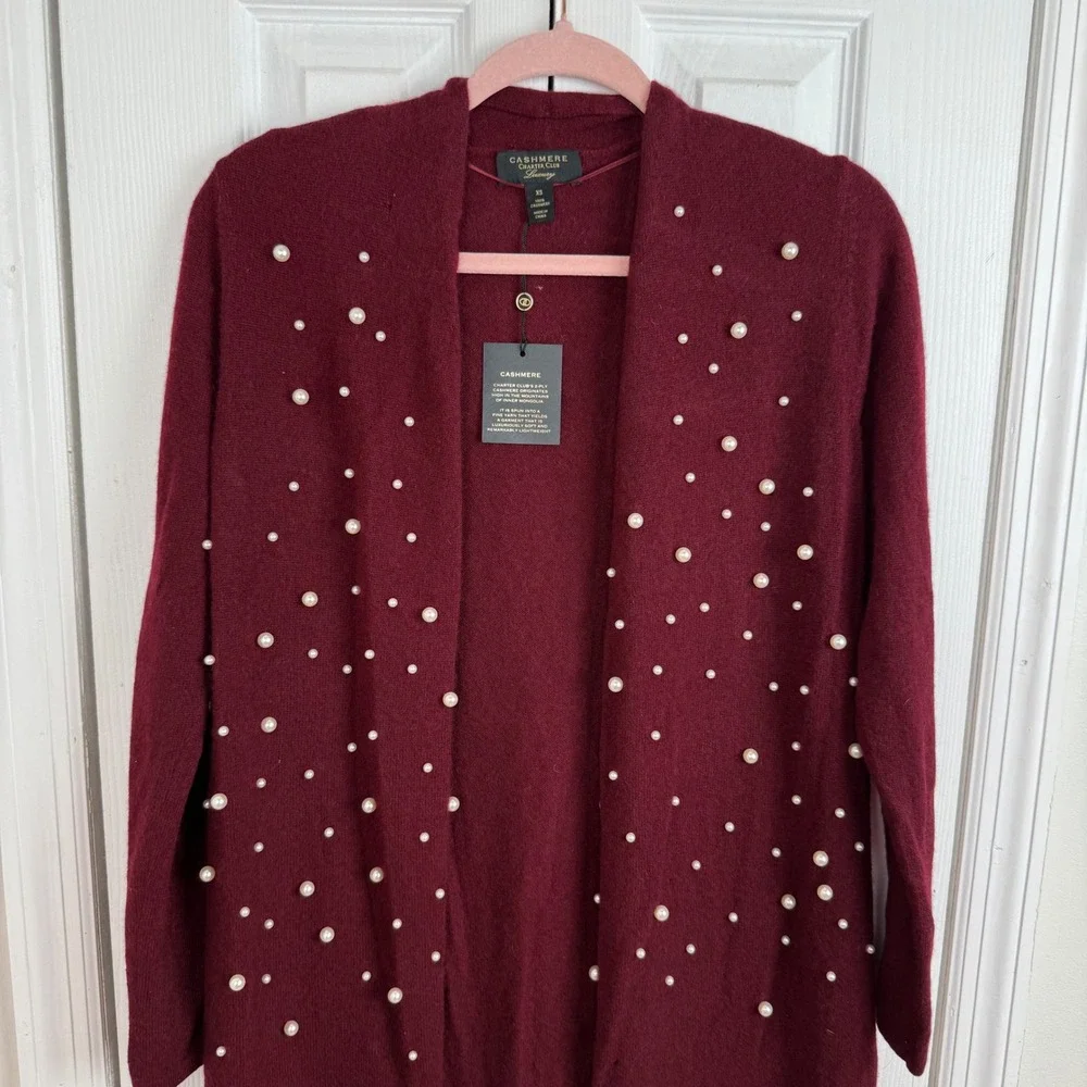 Charter Club Luxury Cashmere‎ Pearl Embellished Cardigan Burgundy XS Duster